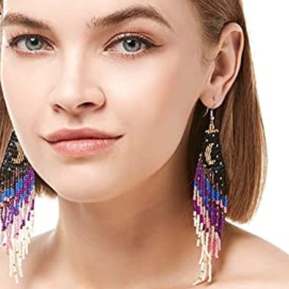 Long 5" Stars & Crescent Moon Night Earrings Handmade Beaded Oversized Statement - Picture 3 of 8